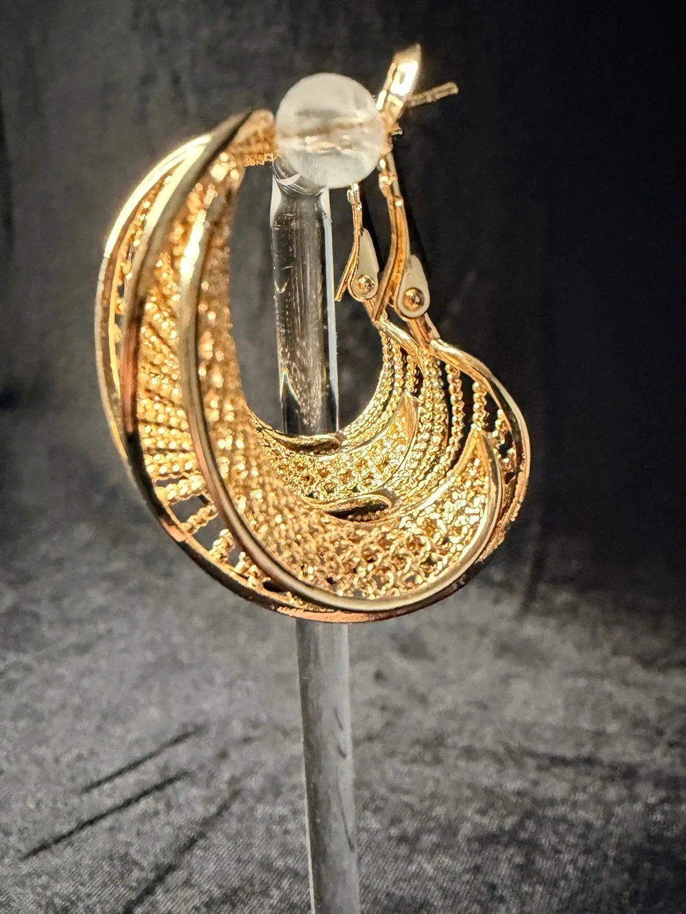 Textured Filigree Ribbon Inspired Swirl Hoop Earrings Elegant Curves Gold Finish